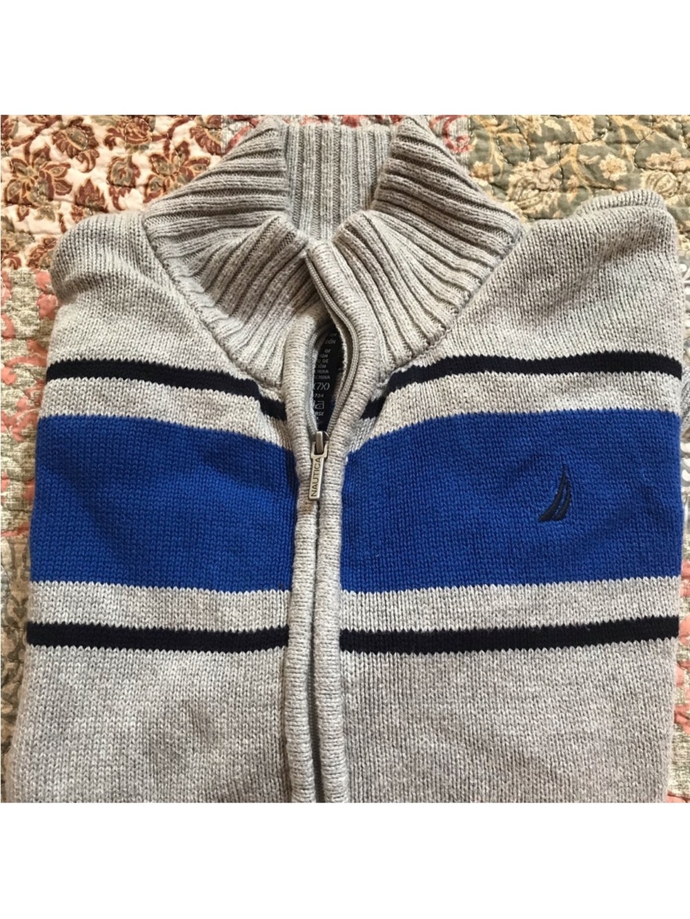 Nautica Men’s Gray Zip-Up Sweater with Blue Stripe and Black Trim